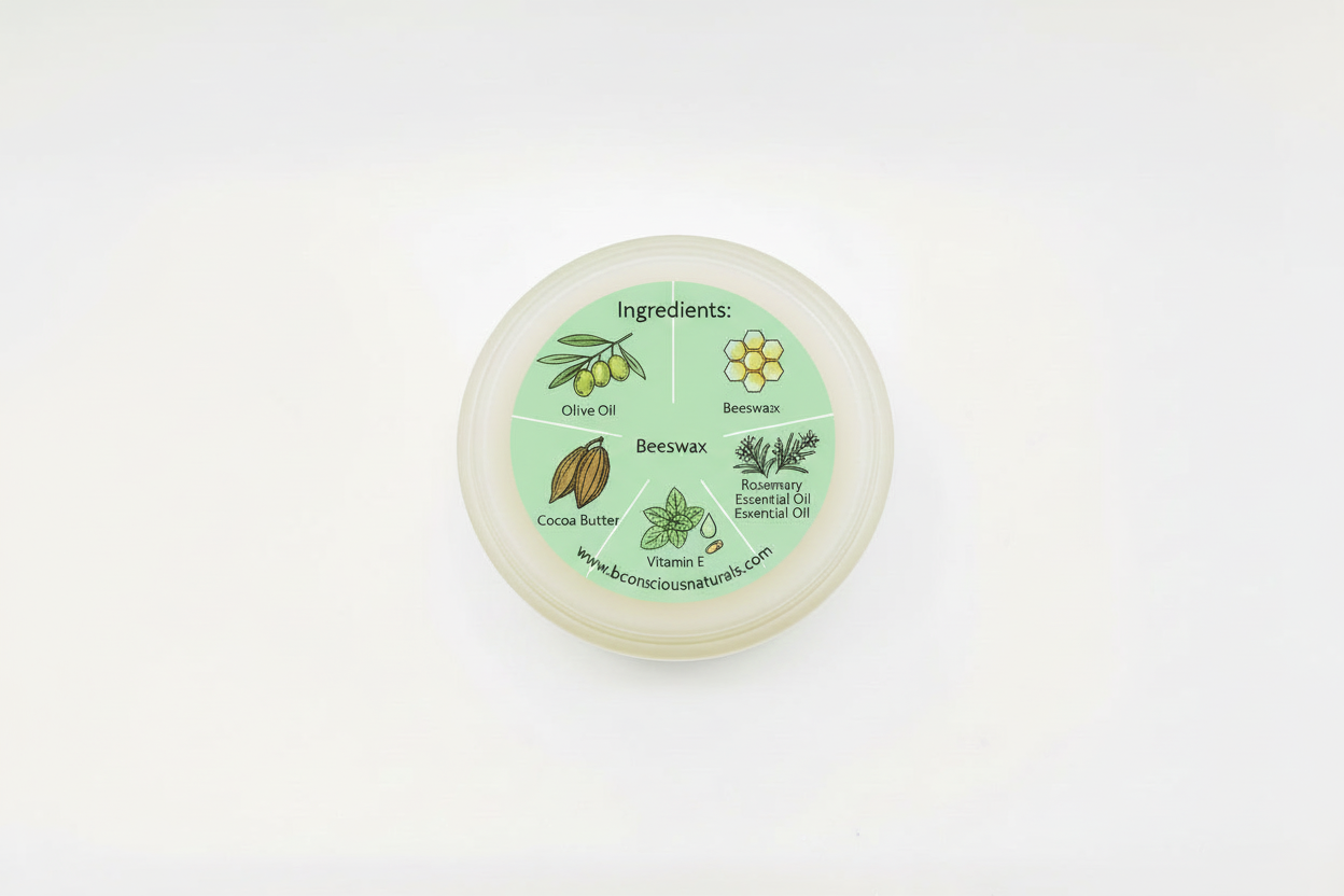 Bconscious Naturals™ Organic Rosemint Calming Balm
A Convenient, All-Over Balm for On-the-Go Relief – Naturally Soothe & Protect Your Skin