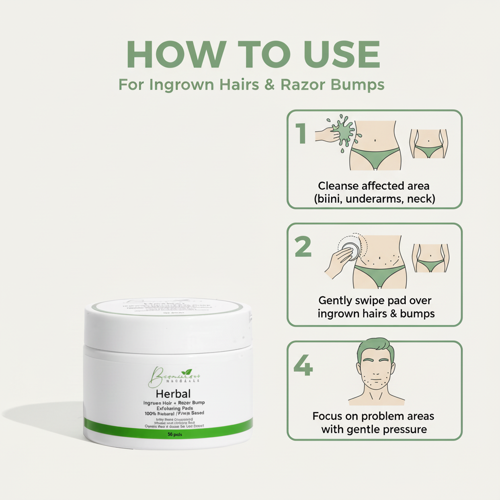 Bconscious Naturals™ 50 Herbal Ingrown Hair Pads
Razor Bump Stopper & Ingrown Hair Treatment for Bikini Area – AfterShave Solution for Men & Women