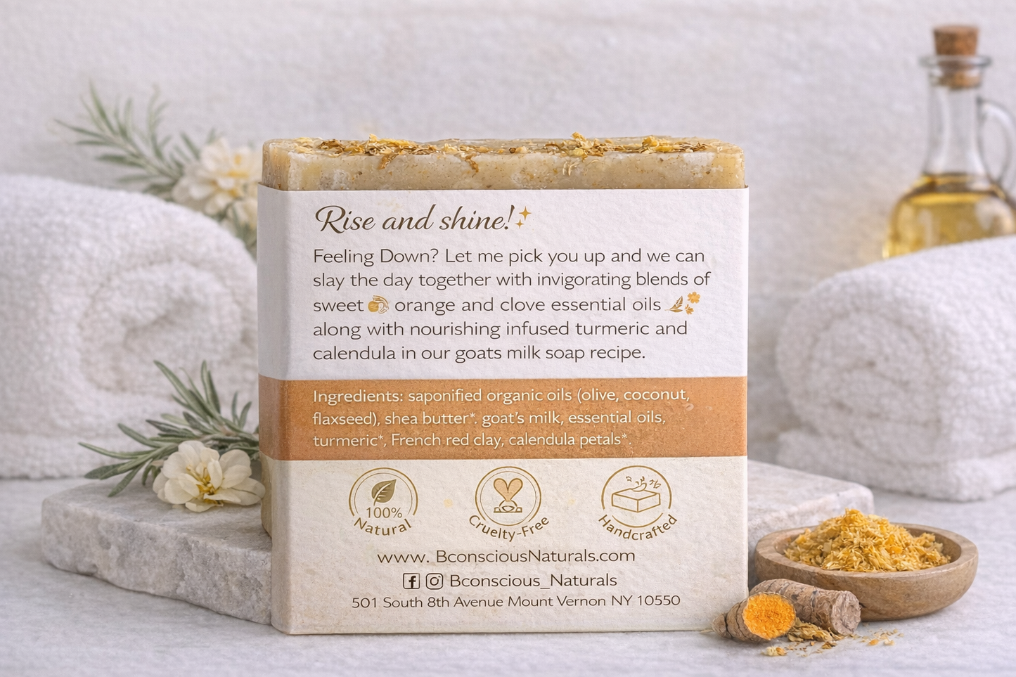 Bconscious Naturals™ Rise & Shine Turmeric Soap Bar
Brighten, Revive & Refresh Your Skin for a Dewy, Radiant Morning Glow! 🌞