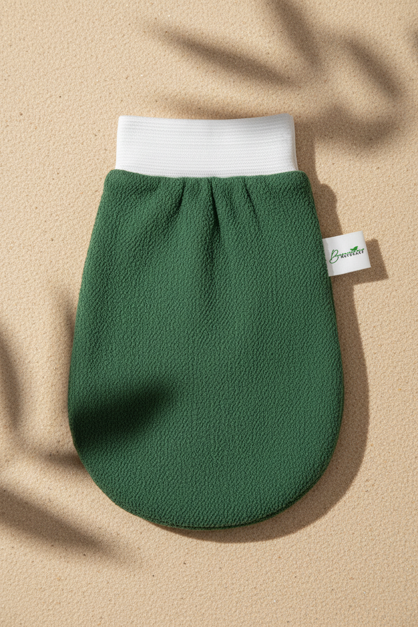 Green exfoliating glove with soft cuff, reusable body scrub mitt for removing dead skin and smoothing texture