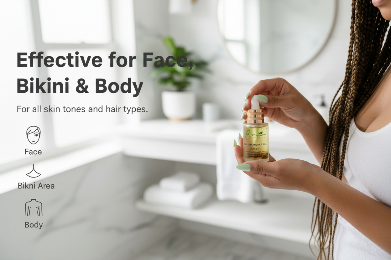 Woman holding a skincare product with text about its effectiveness on face, bikini, and body.