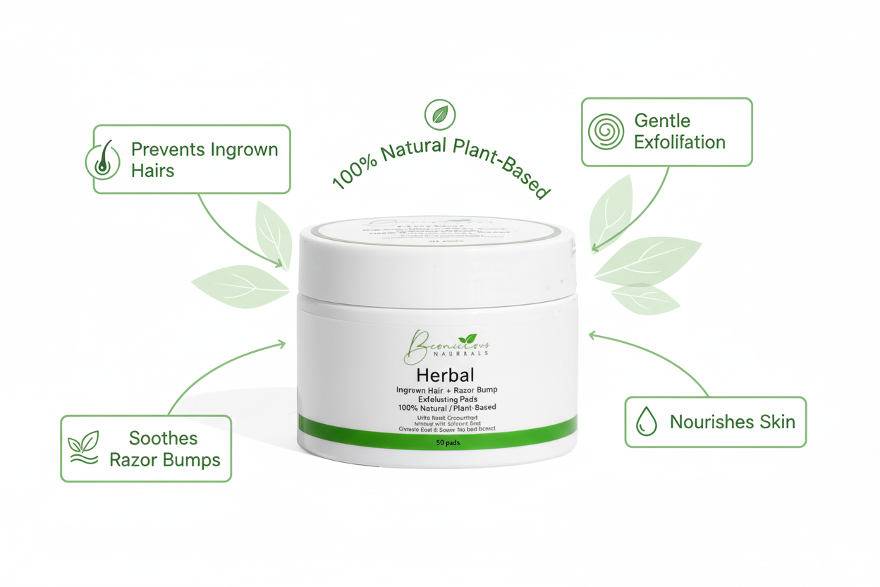 Bconscious Naturals™ 50 Herbal Ingrown Hair Pads
Razor Bump Stopper & Ingrown Hair Treatment for Bikini Area – AfterShave Solution for Men & Women