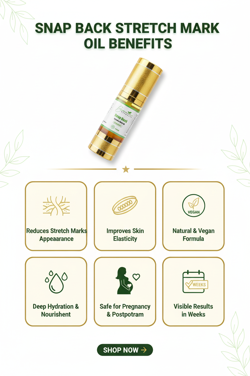 Bconscious Naturals™ SnapBack Stretchmark Oil
Natural Stretch Mark Treatment for Smooth, Firm, and Rejuvenated Skin