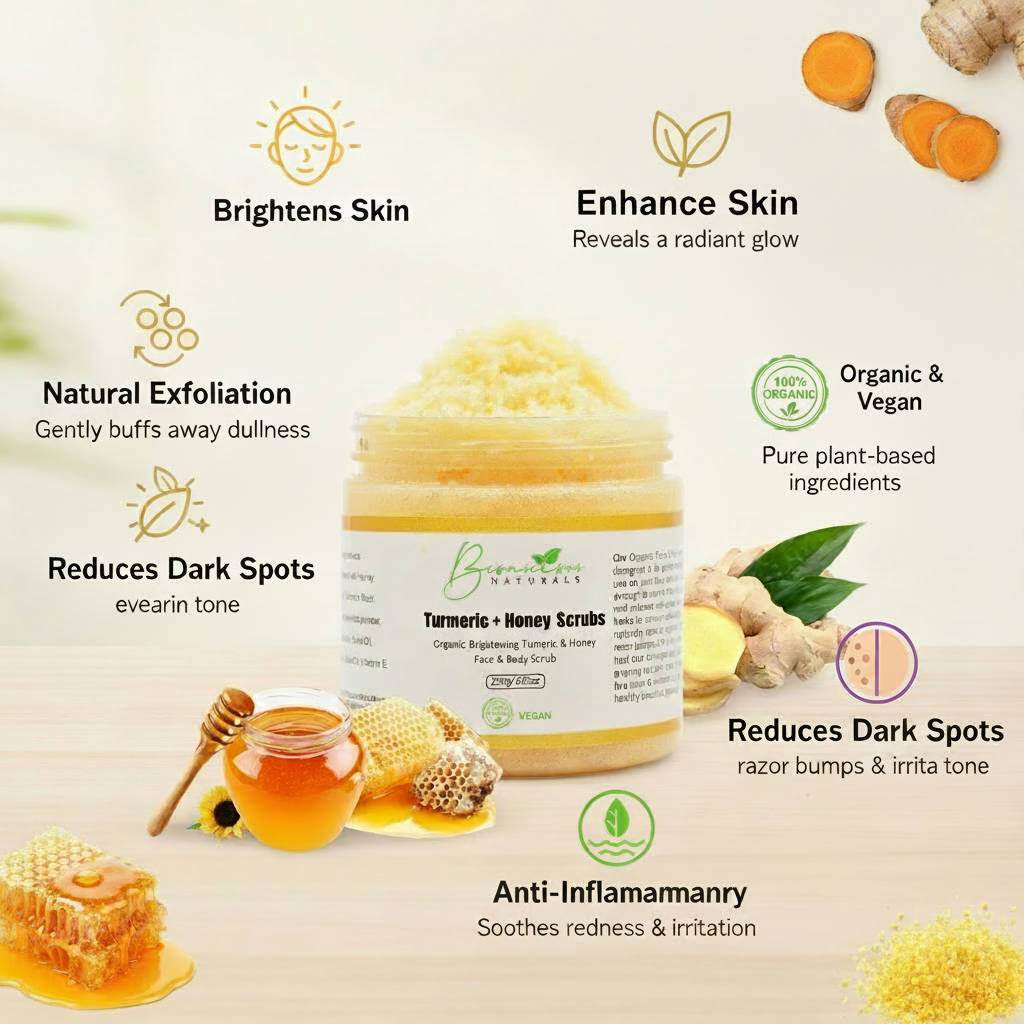 Bconscious Naturals™ Ingrown Hair Exfoliating Himalayan Salt Scrub
100% Organic & Natural Brightening Turmeric + Honey Scrub for Face & Body
