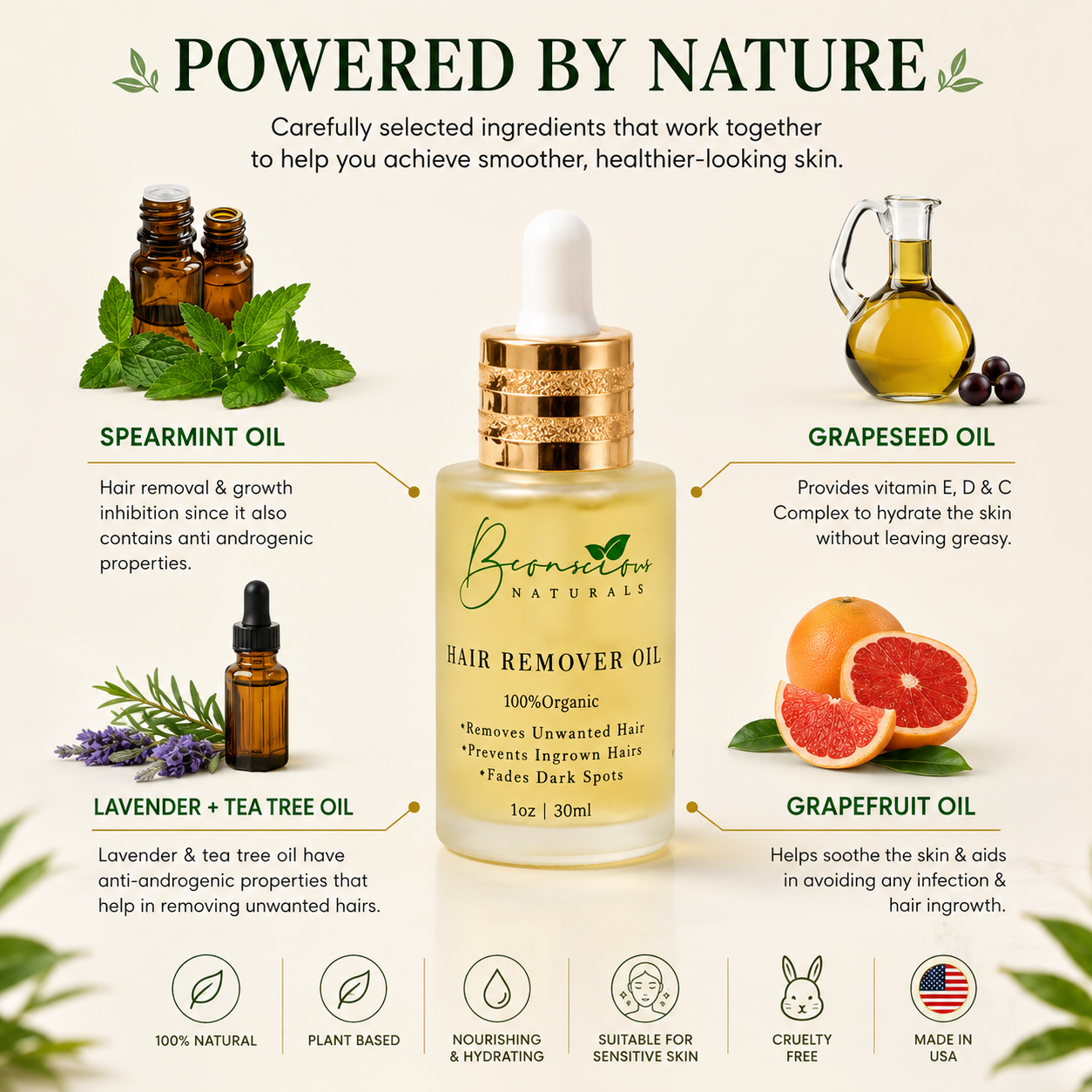 Bconscious Hair Removal Oil- Helps Reduce the Appearance of Unwanted Facial Hair, Ingrown Hairs & Dark Spots