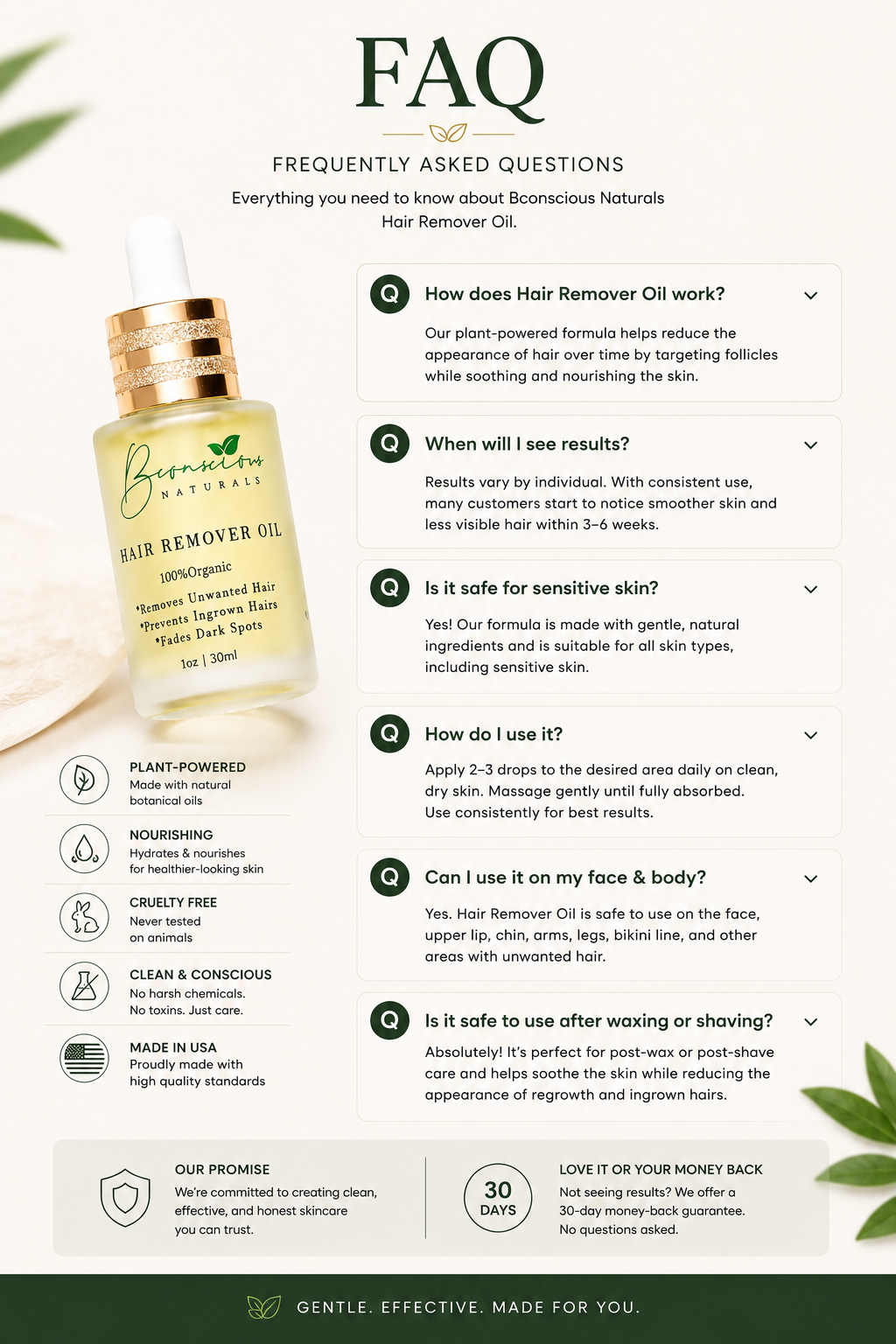 Bconscious Hair Removal Oil- Helps Reduce the Appearance of Unwanted Facial Hair, Ingrown Hairs & Dark Spots