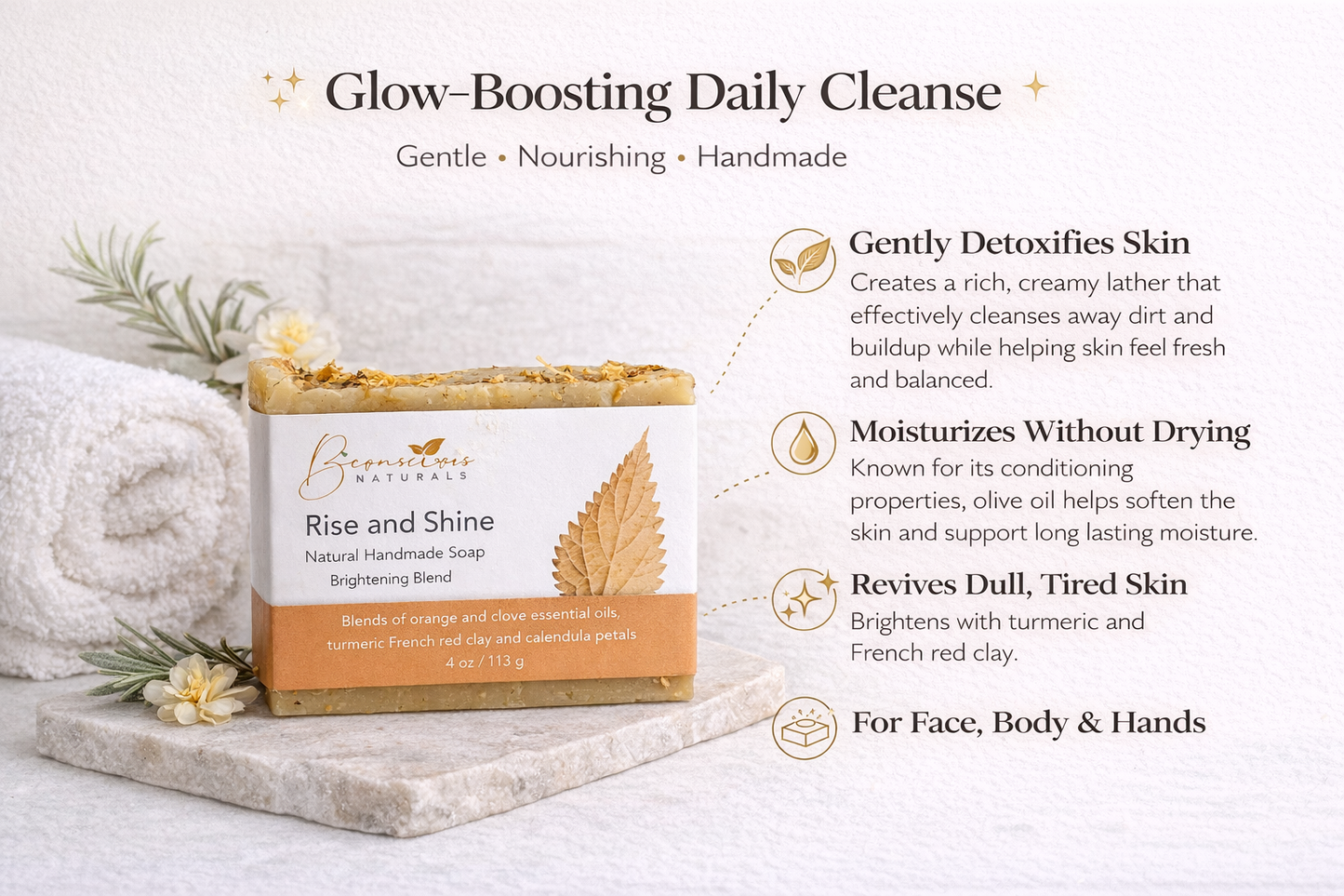 Bconscious Naturals™ Rise & Shine Turmeric Soap Bar

Brighten, Revive & Refresh Your Skin for a Dewy, Radiant Morning Glow! 🌞