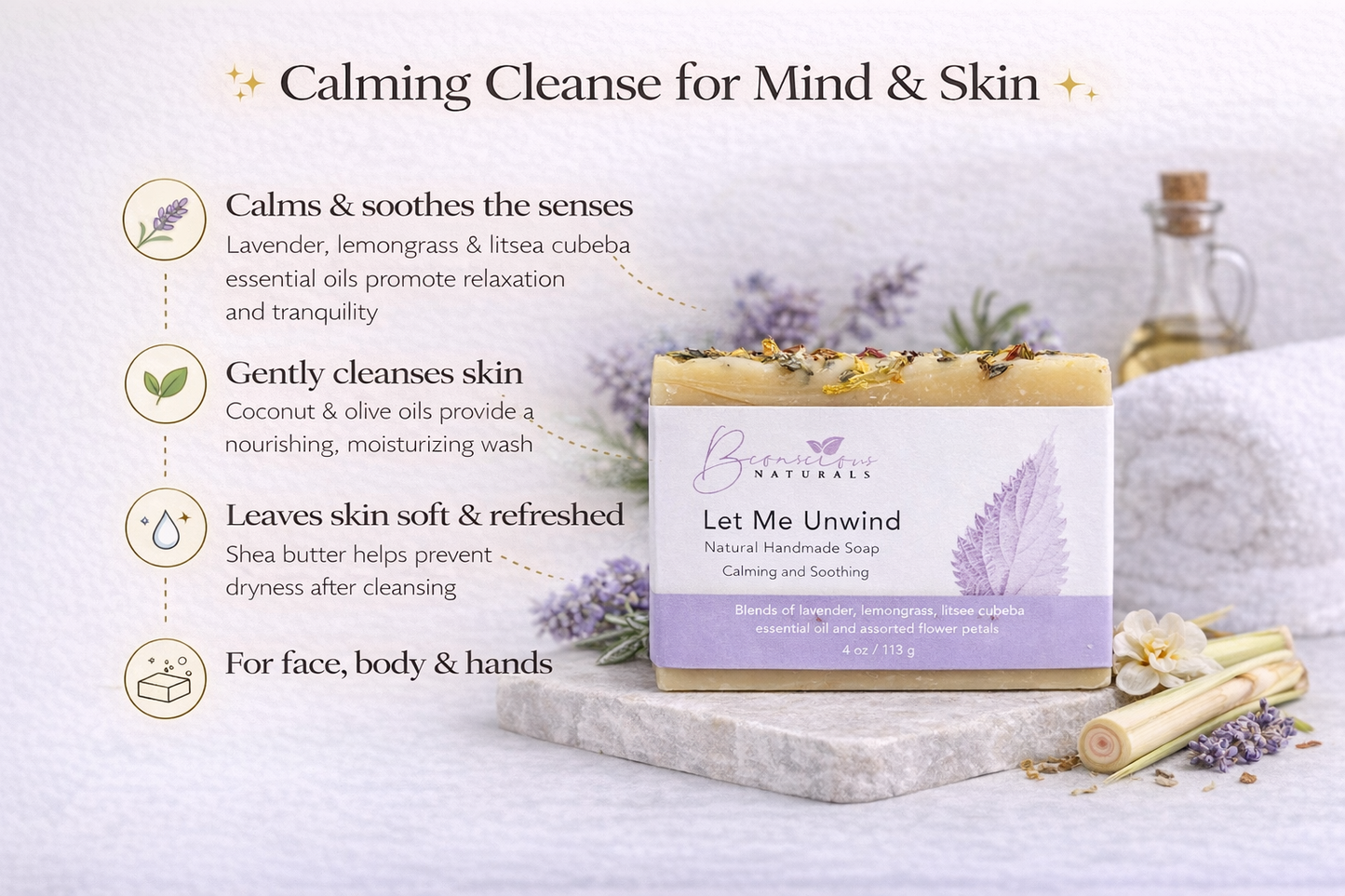 Bconscious Naturals™ Let Me Unwind Soap Bar

Relax, Rejuvenate & Soothe Your Skin with Calming Essential Oils 🌙