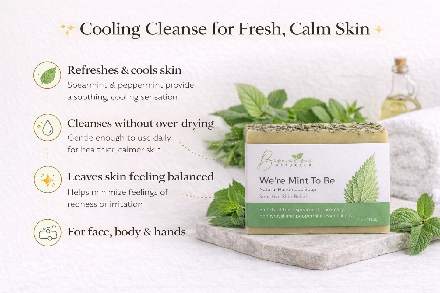 Bconscious Naturals™ We're Mint To Be" Fresh Skin Relief Soap Bar

Soothing, Moisturizing & Calming Relief for Dry, Inflammed Skin - Perfect for Sensitive Skin, Mommies-to-Be & All Skin Types!
